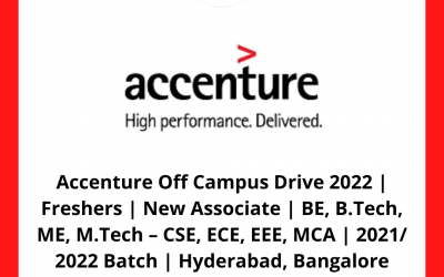 Accenture Off Campus Drive 2022 | Freshers | New Associate | BE, B.Tech, ME, M.Tech – CSE, ECE, EEE, MCA | 2021/ 2022 Batch | Hyderabad, Bangalore