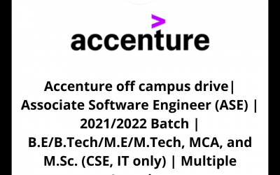 Accenture off campus drive | Associate Software Engineer (ASE) | 2021/2022 Batch | B.E/B.Tech/M.E/M.Tech, MCA, and M.Sc. (CSE, IT only) | Multiple Location