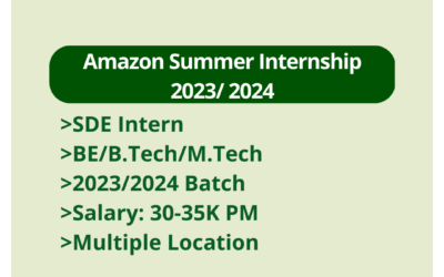 Amazon Summer Internship 2023/ 2024 | SDE Intern | BE/B.Tech/M.Tech | 2023/2024 Batch | Salary: 30-35K PM | Multiple Location
