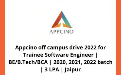 Appcino off campus drive 2022 for Trainee Software Engineer | BE/B.Tech/BCA | 2020, 2021, 2022 batch | 3 LPA | Jaipur