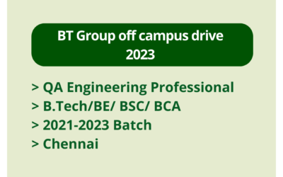 BT Group off campus drive 2023 | QA Engineering Professional | B.Tech/BE/ BSC/ BCA | 2021-2023 Batch | Chennai