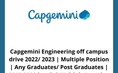 Capgemini Engineering off campus drive 2022/ 2023 | Multiple Position | Any Graduates/ Post Graduates | 2019-2023 batch | Multiple Location