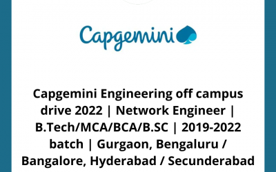 Capgemini Engineering off campus drive 2022 | Network Engineer | B.Tech/MCA/BCA/B.SC | 2019-2022 batch | Gurgaon, Bengaluru / Bangalore, Hyderabad / Secunderabad
