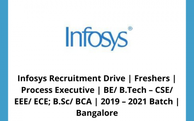 Infosys Recruitment Drive | Freshers | Process Executive | BE/ B.Tech – CSE/ EEE/ ECE; B.Sc/ BCA | 2019 – 2021 Batch | Bangalore