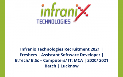 Infranix Technologies Recruitment 2021 | Freshers | Assistant Software Developer | B.Tech/ B.Sc – Computers/ IT; MCA | 2020/ 2021 Batch | Lucknow