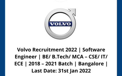 Volvo Recruitment 2022 | Software Engineer | BE/ B.Tech/ MCA – CSE/ IT/ ECE | 2018 – 2021 Batch | Bangalore | Last Date: 31st Jan 2022