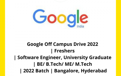 Google Off Campus Drive 2022 | Freshers | Software Engineer, University Graduate | BE/ B.Tech/ ME/ M.Tech | 2022 Batch | Bangalore, Hyderabad