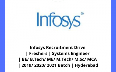 Infosys Recruitment Drive | Freshers | Systems Engineer | BE/ B.Tech/ ME/ M.Tech/ M.Sc/ MCA | 2019/ 2020/ 2021 Batch | Hyderabad