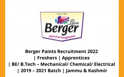 Berger Paints Recruitment 2022 | Freshers | Apprentices | BE/ B.Tech – Mechanical/ Chemical/ Electrical | 2019 – 2021 Batch | Jammu & Kashmir