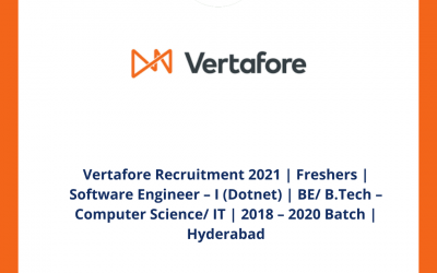 Vertafore Recruitment 2021 | Freshers | Software Engineer – I (Dotnet) | BE/ B.Tech – Computer Science/ IT | 2018 – 2020 Batch | Hyderabad