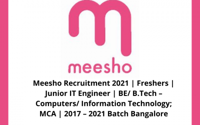Meesho Recruitment 2021 | Freshers | Junior IT Engineer | BE/ B.Tech â€“ Computers/ Information Technology; MCA | 2017 – 2021 Batch Bangalore