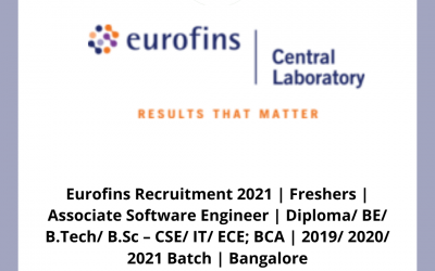 Eurofins Recruitment 2021 | Freshers | Associate Software Engineer | Diploma/ BE/ B.Tech/ B.Sc – CSE/ IT/ ECE; BCA | 2019/ 2020/ 2021 Batch | Bangalore