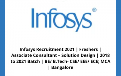 Infosys Recruitment 2021 | Freshers | Associate Consultant – Solution Design | 2018 to 2021 Batch | BE/ B.Tech- CSE/ EEE/ ECE; MCA | Bangalore