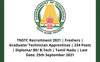 TNSTC Recruitment 2021 | Freshers | Graduate/ Technician Apprentices | 234 Posts | Diploma/ BE/ B.Tech | Tamil Nadu | Last Date: 25th September 2021