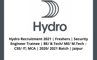 Hydro Recruitment 2021 | Freshers | Security Engineer Trainee | BE/ B.Tech/ ME/ M.Tech – CSE/ IT; MCA | 2020/ 2021 Batch | Jaipur