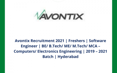 Avontix Recruitment 2021 | Freshers | Software Engineer | BE/ B.Tech/ ME/ M.Tech/ MCA – Computers/ Electronics Engineering | 2019 – 2021 Batch | Hyderabad