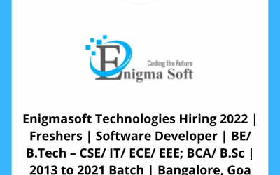 Enigmasoft Technologies Hiring 2022 | Freshers | Software Developer | BE/ B.Tech – CSE/ IT/ ECE/ EEE; BCA/ B.Sc | 2013 to 2021 Batch | Bangalore, Goa