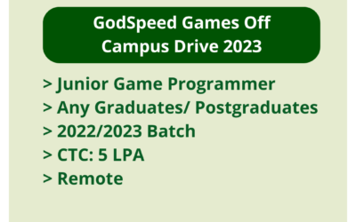 GodSpeed Games Off Campus Drive 2023 | Junior Game Programmer | Any Graduates/ Postgraduates | 2022/2023 Batch | CTC: 5 LPA | Remote
