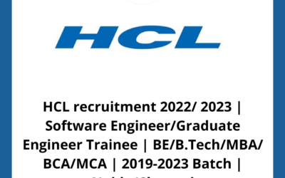 HCL recruitment 2022/ 2023 | Software Engineer/Graduate Engineer Trainee | BE/B.Tech/MBA/ BCA/MCA | 2019-2023 Batch | Noida/Chennai