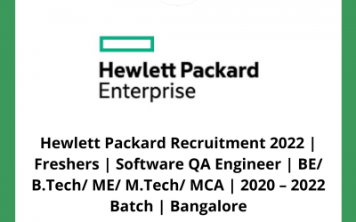 Hewlett Packard Recruitment 2022 | Freshers | Software QA Engineer | BE/ B.Tech/ ME/ M.Tech/ MCA | 2020 – 2022 Batch | Bangalore