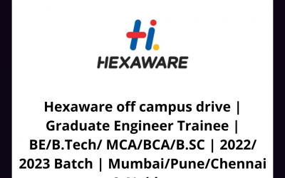 Hexaware off campus drive | Graduate Engineer Trainee | BE/B.Tech/ MCA/BCA/B.SC | 2022/ 2023 Batch | Mumbai/Pune/Chennai & Noida
