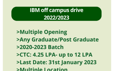 IBM off campus drive 2022/2023 | Multiple Openings | BE/B.Tech/ME/M.Tech/B.Sc/M.SC/BCA/MCA/Diploma | 2020- 2023 batch | CTC: 4.25 LPA-up to 12 LPA | Last Date: 31st January 2023 | Multiple location