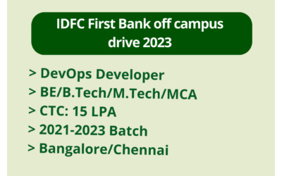 IDFC First Bank off campus drive 2023 | DevOps Developer | BE/B.Tech/M.Tech/MCA | CTC: 15 LPA | 2021-2023 Batch | Bangalore/Chennai