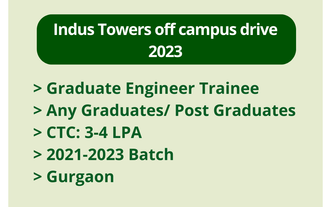 Indus Towers off campus drive 2023 | Graduate Engineer Trainee | Any Graduates/ Post Graduates | CTC: 3-4 LPA | 2021-2023 Batch | Gurgaon