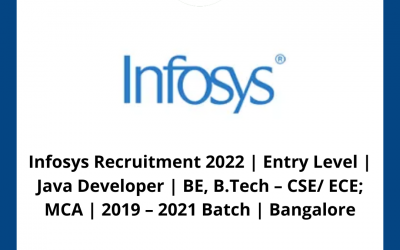 Infosys Recruitment 2022 | Entry Level | Java Developer | BE, B.Tech – CSE/ ECE; MCA | 2019 – 2021 Batch | Bangalore