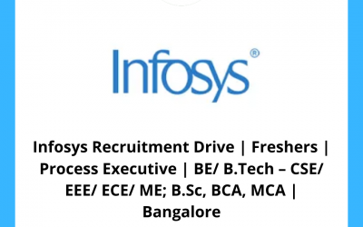 Infosys Recruitment Drive | Freshers | Process Executive | BE/ B.Tech – CSE/ EEE/ ECE/ ME; B.Sc, BCA, MCA | Bangalore
