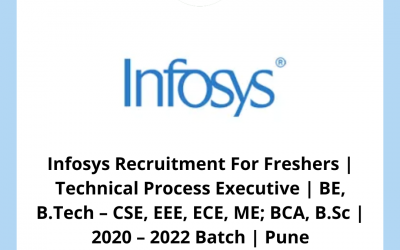 Infosys Recruitment For Freshers | Technical Process Executive | BE, B.Tech – CSE, EEE, ECE, ME; BCA, B.Sc | 2020 – 2022 Batch | Pune