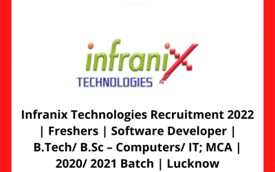 Infranix Technologies Recruitment 2022 | Freshers | Software Developer | B.Tech/ B.Sc – Computers/ IT; MCA | 2020/ 2021 Batch | Lucknow