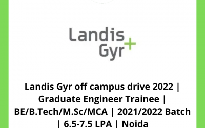 Landis Gyr off campus drive 2022 | Graduate Engineer Trainee | BE/B.Tech/M.Sc/MCA | 2021/2022 Batch  | 6.5-7.5 LPA | Noida