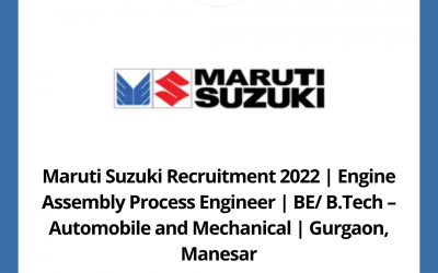 Maruti Suzuki Recruitment 2022 | Engine Assembly Process Engineer | BE/ B.Tech – Automobile and Mechanical | Gurgaon, Manesar