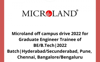 Microland off campus drive 2022 for Graduate Engineer Trainee of BE/B.Tech|2022 Batch|Hyderabad/Secunderabad, Pune,  Chennai, Bangalore/Bengaluru