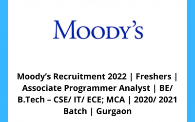 Moody’s Recruitment 2022 | Freshers | Associate Programmer Analyst | BE/ B.Tech – CSE/ IT/ ECE; MCA | 2020/ 2021 Batch | Gurgaon
