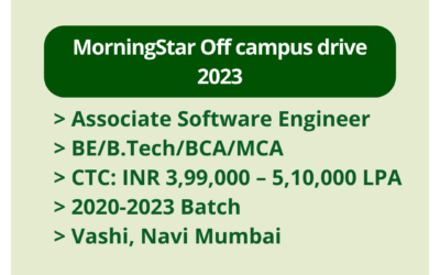 MorningStar Off campus drive 2023 | Associate Software Engineer | BE/B.Tech/BCA/MCA | CTC: INR 3,99,000 – 5,10,000 LPA | 2020-2023 Batch | Vashi, Navi Mumbai