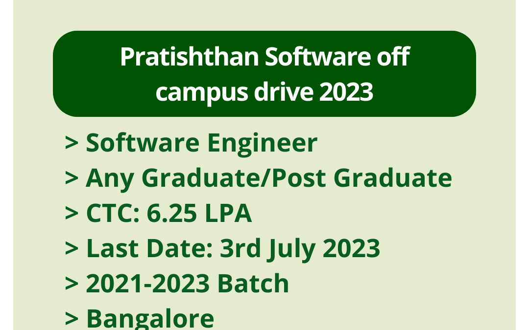 Pratishthan Software off campus drive 2023 | Software Engineer | Any Graduate/Post Graduate | CTC: 6.25 LPA | Last Date: 3rd July 2023 | 2021-2023 Batch | Bangalore