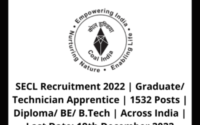 SECL Recruitment 2022 | Graduate/ Technician Apprentice | 1532 Posts | Diploma/ BE/ B.Tech | Across India | Last Date: 19th December 2022