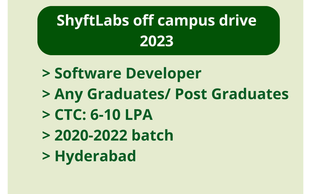 ShyftLabs off campus drive 2023 | Software Developer | Any Graduates/ Post Graduates | CTC: 6-10 LPA | 2020-2022 batch | Hyderabad