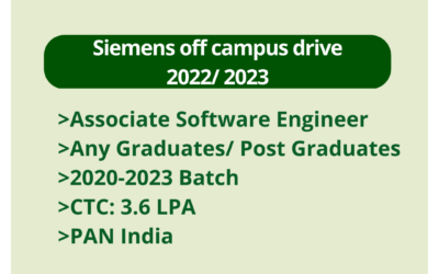 Siemens off campus drive 2022/ 2023 | Associate Software Engineer | Any Graduates/ Post Graduates | 2020-2023 Batch | CTC: 3.6 LPA | PAN India