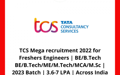 TCS Mega recruitment 2022 for Freshers Engineers | BE/B.Tech/ME/M.Tech/MCA/M.Sc | 2023 Batch | 3.6-7 LPA | Across India