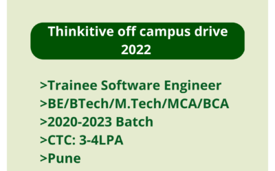 Thinkitive off campus drive 2022 | Trainee Software Engineer | BE/BTech/ ME/M.Tech/ MCA/BCA | 2020-2023 batch | CTC: 3-4LPA | Pune