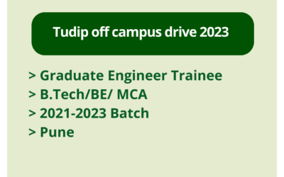 Tudip off campus drive 2023 | Graduate Engineer Trainee | B.Tech/BE/ MCA | 2021-2023 Batch | Pune