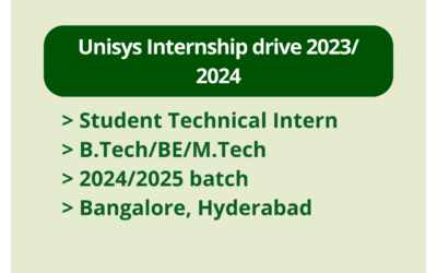 Unisys Internship drive 2023/ 2024 | Student Technical Intern | B.Tech/BE/M.Tech | 2024/2025 batch | Bangalore, Hyderabad
