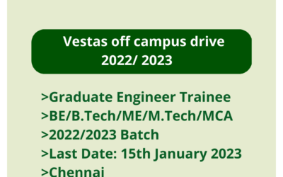 Vestas off campus drive 2022/ 2023 | Engineer Trainee | BE/B.Tech/ME /M.Tech/MCA | 2022-2023 Batch | Chennai
