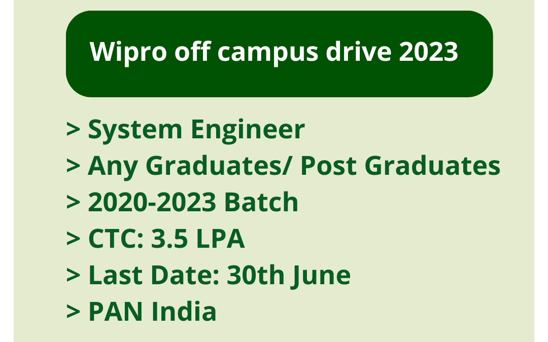 Wipro off campus drive 2023 | System Engineer | Any Graduates/ Post Graduates | 2020-2023 Batch | CTC: 3.5 LPA | Last Date: 30th June | PAN India