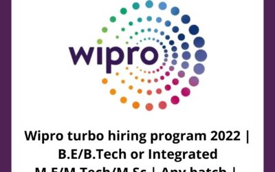 Wipro turbo hiring program 2022 | B.E/B.Tech or Integrated M.E/M.Tech/M.Sc | Any batch |